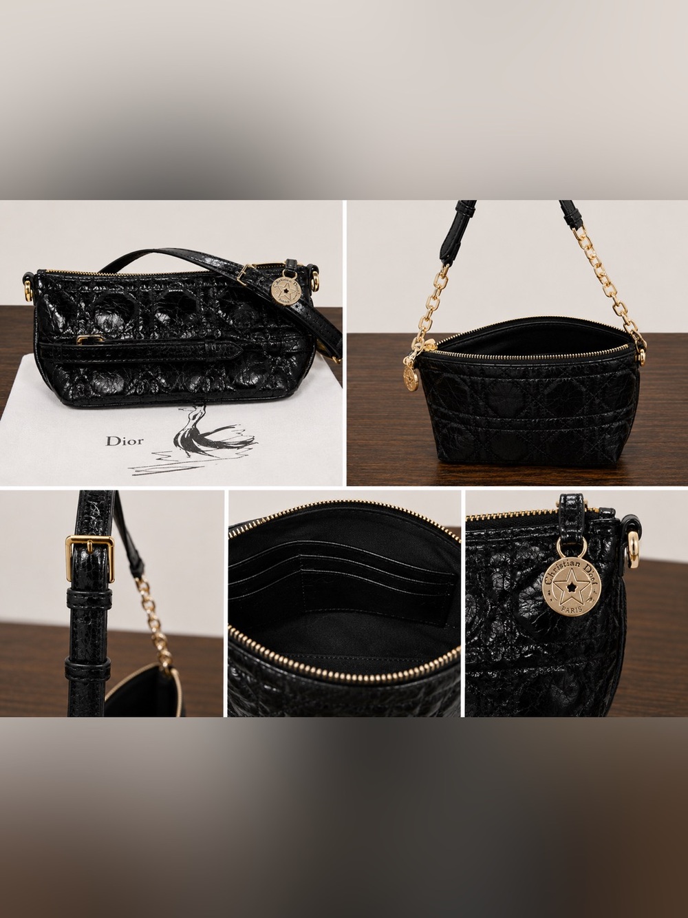 Black Quilted Leather Crossbody Pouch with Gold Hardware